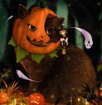  1girl animal black_cat cat fantasy ghost halloween highres ivy kamimon2016 leaf original outdoors oversized_animal oversized_object pumpkin scenery witch yellow_eyes 