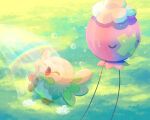  bird bubble closed_eyes commentary_request day drifloon foam mokukitusui no_humans open_mouth outdoors pokemon pokemon_(creature) rainbow rowlet sparkle u_u water wet 