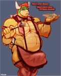  anthro apron blush bowser clothed clothing erection erection_under_clothing food genitals hi_res horn koopa male mario_bros muscular muscular_male nintendo overweight overweight_male penis scalie solo strongfat tenting video_games zyyphelze 
