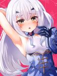  1girl arm_behind_head arm_guards arm_up armpits bangs bare_shoulders blue_dress blue_gloves blush breasts brown_eyes dress fairy_knight_lancelot_(fate) fate/grand_order fate_(series) forked_eyebrows frills gloves highres long_hair looking_at_viewer mochi_(k620803n) open_mouth sidelocks small_breasts solo underbust white_hair 