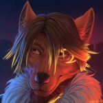  1:1 anthro artist_name black_nose brown_hair bust_portrait canid cheek_tuft closed_smile facial_tuft front_view fur glistening glistening_eyes hair looking_aside male mammal mouth_closed orange_body orange_fur outside portrait red_eyes skyline slash_freezen solo tuft 