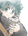  1boy animal animalization bakugou_katsuki bakugou_katsuki_(cosplay) boku_no_hero_academia chihuahua closed_mouth clothed_animal commentary_request cosplay dog freckles green_eyes green_hair holding holding_animal holding_dog kan_(k_mham1212) looking_at_viewer male_focus midoriya_izuku short_hair simple_background smile teeth upper_body white_background 