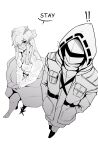  ! !! 1girl 1other absurdres arknights bangs blush commentary doctor_(arknights) english_commentary english_text greyscale hands_in_pockets highres hood hooded_jacket horns jacket long_hair mask monochrome najashi saria_(arknights) simple_background sitting skirt tail white_background 