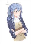  1girl anger_vein blue_hair blue_jacket brown_dress crossed_arms dawn_1945 dress gotland_(kancolle) jacket kantai_collection long_hair looking_to_the_side mole mole_under_eye official_alternate_costume ponytail pout sidelocks simple_background solo spoken_anger_vein white_background 