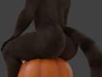  3d_(artwork) anthro big_butt brown_body brown_fur butt digital_media_(artwork) food fruit fur guardians_of_the_galaxy hi_res male mammal marvel no-name-no-problem nude plant presenting presenting_hindquarters procyonid pumpkin raccoon rocket_raccoon simple_background sitting solo tail_aside 