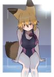  1girl alternate_costume animal_ears black_one-piece_swimsuit blush brown_hair ezo_red_fox_(kemono_friends) fox_ears fox_girl fox_tail goggles goggles_around_neck hair_between_eyes hntk778 kemono_friends long_hair looking_at_viewer multicolored_hair one-piece_swimsuit orange_eyes orange_hair sitting solo swimsuit tail 
