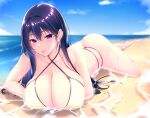  1girl :p arm_under_breasts bangs beach bikini blue_sky blurry blurry_background blush breast_press breasts cleavage collarbone commentary_request dated day highres horizon huge_breasts kaede_acer looking_at_viewer lying ocean on_stomach original outdoors partially_submerged purple_eyes purple_hair sidelocks signature sky solo swimsuit tongue tongue_out wet white_bikini 