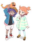  1boy 1girl :d aged_down black_shirt blue_jacket brown_footwear buttons charmander coat commentary_request dark-skinned_male dark_skin dede_(qwea_00000) eyelashes flame-tipped_tail green_coat green_eyes grin hand_up hat highres jacket korean_commentary leon_(pokemon) long_sleeves on_head one_eye_closed open_clothes open_jacket open_mouth orange_hair pants pokemon pokemon_(anime) pokemon_(creature) pokemon_journeys pokemon_on_head red_footwear shirt shoes shorts smile sonia_(pokemon) standing striped_coat white_shorts yellow_headwear 