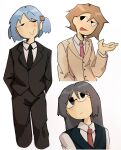  3girls absurdres aioi_yuuko black_eyes black_hair blue_hair brown_hair formal glasses hair_cubes hair_ornament highres long_hair minakami_mai multiple_girls naganohara_mio necktie nichijou open_mouth rorossman short_hair short_twintails simple_background smile suit twintails 