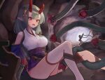 2girls breasts cave detached_sleeves empty_eyes grey_hair hair_ornament highres horns imminent_rape legs long_hair miniskirt multiple_girls oni oni_horns open_mouth original pointy_ears purple_skirt purple_sleeves red_eyes shirt sitting skirt slime_(substance) tears tentacles thighhighs thighs white_shirt white_thighhighs xrabbit_alps 