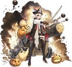  1girl animal artist_request azur_lane bangs belt blonde_hair blue_eyes boots breasts cannon coat earrings explosion eyepatch fire full_body gloves gold_trim hat high_heel_boots high_heels highres holding holding_sword holding_weapon jack-o&#039;-lantern jewelry looking_at_viewer manjuu_(azur_lane) official_art oklahoma_(azur_lane) oklahoma_(piratey_transformation!)_(azur_lane) open_clothes open_mouth pirate pirate_costume pirate_hat shiny shiny_hair short_hair simple_background skirt small_breasts smile sword teeth thigh_boots thigh_strap torn_clothes upper_teeth weapon zettai_ryouiki 