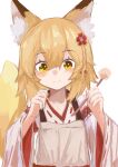  1girl absurdres animal_ear_fluff animal_ears bangs blush closed_mouth commentary_request commission fang fox_ears fox_tail hair_between_eyes hands_up highres holding japanese_clothes long_sleeves looking_at_viewer medium_hair mimikaki orange_hair piennamekuzi senko_(sewayaki_kitsune_no_senko-san) sewayaki_kitsune_no_senko-san simple_background skeb_commission skin_fang solo tail upper_body white_background wide_sleeves yellow_eyes 