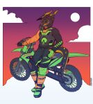  anthro artist_name black_body black_clothing black_helmet black_sclera black_tail black_topwear border clothed clothing cloud dragon full-length_portrait gradient_sky green_eyes hi_res horn male motorcycle orange_body orange_clothing orange_horn orange_tail orange_topwear portrait sky slash_freezen solo spiked_tail spikes spikes_(anatomy) standing three-quarter_view topwear vehicle white_border 