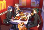  1girl 3boys absurdres black_pants black_shirt blue_eyes blue_hair burger eating food french_fries fried_chicken genshin_impact green_hair guoba_(genshin_impact) highres hwaen kaedehara_kazuha long_sleeves mcdonald&#039;s multicolored_hair multiple_boys pants red_eyes red_hair school_uniform shirt sitting venti_(genshin_impact) white_hair xiangling_(genshin_impact) xiao_(genshin_impact) yellow_eyes 