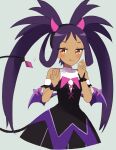  1girl :q armlet bangs bare_shoulders black_dress blush brown_eyes closed_mouth commentary_request dark-skinned_female dark_skin dress eyelashes grey_background hair_rings halloween_costume hands_up highres iris_(fall_2022)_(pokemon) iris_(pokemon) long_hair official_alternate_costume ohn_pkmn pokemon pokemon_(game) pokemon_masters_ex pokemon_wings purple_hair smile solo tail tongue tongue_out twintails wrist_cuffs 