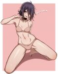  1girl black_hair blush bra chainsaw_man choker english_text full_body grenade_pin highres naoillus navel one_eye_closed panties pink_background pink_bra pink_panties reze_(chainsaw_man) ribs spread_legs teeth tongue tongue_out underwear underwear_only upper_teeth 
