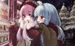  2girls :d bangs beanie black_sky blue_hair blush bottle breath building can christmas christmas_tree eyes_visible_through_hair fur_collar hair_intakes hand_on_another&#039;s_shoulder hat highres holding_hands index_finger_raised kotonoha_akane kotonoha_aoi light_blue_hair long_sleeves looking_at_another low_twintails microa multiple_girls night open_mouth outdoors pink_eyes pink_hair pointing siblings sisters sky sleeves_past_wrists smile snow snowing star_(symbol) tree twintails vending_machine voiceroid winter winter_clothes 