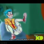  billy_joe_cobra blue_body blue_hair blue_skin blurred_background blush bodily_fluids clothed clothing dialogue disney dude_thats_my_ghost ejaculation footwear gamibrii hair hi_res humanoid male shirt shoes sweat topwear 