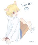  1boy animal_ears blonde_hair bound bound_wrists cat_ears child_gilgamesh_(fate) fate/grand_order fate/hollow_ataraxia fate_(series) gilgamesh_(fate) hood hoodie iura_(t123123) looking_at_viewer looking_back male_child male_focus open_mouth red_eyes shorts simple_background sitting sweatdrop white_background white_hoodie 