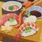  chopsticks food food_focus highres kirby kirby_(series) looking_at_viewer miclot shrimp smile soup soy_sauce surprised sushi 