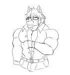  abs anthro barawerewolf belt bulge canid canine canis clothed clothing collared_shirt domestic_dog dress_pants dress_shirt eyewear facial_hair glasses goatee hi_res husky male mammal mitsuhisa_aotsuki morenatsu muscular_arms nordic_sled_dog open_clothing open_shirt open_topwear pecs shirt sideburns solo spitz topwear video_games visual_novel 