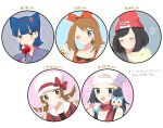  5girls :d alternate_costume bangs beanie black_hair blue_eyes blue_hair blunt_bangs blush bow_hairband brown_hair candy_apple closed_mouth coin_(pokemon) collarbone commentary_request cup dawn_(pokemon) double_v eating food food_on_face grey_kimono hairband hand_up hands_up hat heart highres holding holding_cup japanese_clothes kimono lyra_(pokemon) may_(pokemon) medium_hair multiple_girls ohn_pkmn one_eye_closed open_mouth outline pachirisu parted_lips pokemon pokemon_(creature) pokemon_(game) pokemon_dppt pokemon_hgss pokemon_legends:_arceus pokemon_oras pokemon_sm red_headwear red_scarf scarf selene_(pokemon) shirt sleeveless sleeveless_shirt smile translation_request twintails v white_headwear 