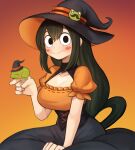  1girl :&gt; alternate_costume animal_on_finger asui_tsuyu black_dress boku_no_hero_academia breasts cleavage cleavage_cutout closed_mouth clothing_cutout dark_green_hair dress frog frog_girl hair_between_eyes hair_rings halloween hat highres long_hair low-tied_long_hair multicolored_clothes multicolored_dress orange_dress puffy_short_sleeves puffy_sleeves short_sleeves sitting solo sookmo witch_hat 