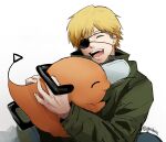  1boy bangs blonde_hair chainsaw chainsaw_man closed_eyes coat creature denji_(chainsaw_man) eyepatch green_coat high_collar highres holding holding_creature igusaharu long_sleeves lower_teeth male_focus open_collar open_mouth pochita_(chainsaw_man) short_hair smile teeth twitter_username upper_body upper_teeth 