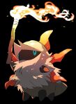  45_(maruyaki45) absurdres black_background blue_eyes bug fire full_body fur highres holding holding_torch larvesta looking_up no_humans pokemon pokemon_(creature) simple_background solo standing torch white_fur 