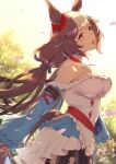  1girl animal_ears bare_shoulders blue_sleeves blush breasts brown_hair choker cleavage commentary ear_scrunchie highres horse_ears horse_girl horse_tail large_breasts long_hair long_sleeves looking_at_viewer low_twintails multicolored_hair open_mouth red_choker red_scrunchie scrunchie skirt solo streaked_hair sugarbeat symbol-only_commentary tail twintails umamusume white_hair white_skirt yamanin_zephyr_(umamusume) yellow_eyes 