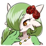  2021 3_fingers accessory braided_hair braided_ponytail brown_eyes bust_portrait ear_piercing ear_ring female fingers flower flower_in_hair gardevoir generation_3_pokemon green_hair hair hair_accessory hair_over_eye hand_in_mouth humanoid icon low_res nintendo not_furry one_eye_obstructed piercing plant pokemon pokemon_(species) portrait ring_piercing rosary simple_background soledad_(atomic417) solo video_games white_background zacianswords 