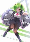  1girl absurdres ahoge animal_ears armpit_peek bangs black_gloves black_skirt blush boots brown_pantyhose cat_ears closed_mouth coat coat_partially_removed collared_shirt delutaya diagonal_bangs drill_hair gloves green_hair high_collar highres indie_virtual_youtuber kire_(hayagu) knee_boots long_sleeves multicolored_hair pantyhose pink_hair red_eyes shirt simple_background skirt sleeveless sleeveless_shirt sleeves_past_wrists smile solo triangle triangle_hair_ornament twin_drills twintails two-tone_hair virtual_youtuber white_coat white_shirt 