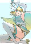  1girl armpits arms_up bangs bell blonde_hair blue_eyes breasts cape deekei elbow_gloves fire_emblem fire_emblem_heroes fjorm_(fire_emblem) from_below gloves gold_trim highres kunai mask mask_on_head medium_breasts ninja official_alternate_costume oni_mask open_mouth panties short_hair solo thighhighs thighs underwear watermark weapon white_gloves 