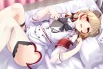  1girl 774_inc. animal_ears animare armband blush bow bowtie braid brown_hair dog_ears dress fangs feet_out_of_frame hair_ornament highres looking_at_viewer lying medium_hair on_back on_bed open_mouth pillow red_eyes red_nails sch seshima_rui smile solo thighhighs virtual_youtuber white_dress white_thighhighs x_hair_ornament 