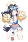  1girl absurdres animal_ears bare_shoulders black_hair blue_archive blush bottle breasts cleavage detached_collar dog_ears dog_girl dog_tail full_body goggles goggles_on_head grey_eyes halo hands_up hibiki_(blue_archive) hibiki_(cheerleader)_(blue_archive) highres holding_up indol kneeling long_hair looking_at_viewer medium_breasts midriff miniskirt navel ponytail raised_eyebrows simple_background skirt solo sticker_on_face tail wavy_mouth white_background 
