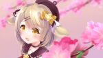  1girl 774_inc. ahoge animal_ears animare beret blurry blurry_background blurry_foreground blush bow branch choker hair_bow hair_ornament hairclip hat highres inaba_haneru_(animare) light_brown_hair looking_at_viewer no_nose open_mouth sch short_hair smile solo upper_body virtual_youtuber yellow_eyes 