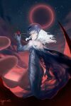  1boy androgynous behelit berserk black_claws claws commentary cypritree eclipse english_commentary femto_(berserk) griffith_(berserk) helmet holding holding_jewelry holding_necklace jewelry long_hair male_focus necklace sky solo star_(sky) starry_sky wavy_hair white_hair 