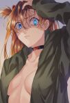  1girl annoyed bangs blue_eyes breasts brown_hair cleavage evangelion:_3.0+1.0_thrice_upon_a_time glowing glowing_eyes hair_ornament hairclip hand_on_own_head hands_up highres hood hooded_jacket jacket long_hair looking_at_viewer neon_genesis_evangelion no_bra open_clothes open_jacket rebuild_of_evangelion solo souryuu_asuka_langley standing upper_body 
