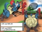  abdominal_bulge anthro balls belly big_belly blue_body blue_fur butt duo exercise fur generation_4_pokemon genitals lucario male male/male muscular muscular_male nintendo oral_vore pokemon pokemon_(species) same_size_vore text video_games vore weight_bench weightlifting whiteiron workout 