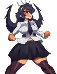  absolute_territory ankylosaurian anthro black_hair bottomwear clothed clothing cosplay crossover dinosaur facial_horn female filia_(skullgirls) goodbye_volcano_high hair hi_res horn humanoid living_hair long_hair multicolored_body orange_body ornithischian red_eyes reptile rosa_(gvh) scalie school_uniform simple_background skirt skullgirls snoot_game_(fan_game) solo symbiote thick_thighs thyreophoran two_tone_body uniform unknown_artist video_games white_background yellow_eyes 