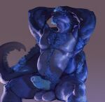  2021 anthro armpit_hair balls biceps big_balls blue_body blue_eyes blue_hair body_hair chest_hair dragon erection eyrich facial_hair fredrik genitals goatee grin hair hairy_balls hand_on_head happy_trail hi_res horn humanoid_genitalia humanoid_penis looking_at_viewer male musclegut muscular muscular_thighs navel pecs penis pose pubes simple_background slightly_chubby smile solo spikes tail_hair triceps wingless_dragon 