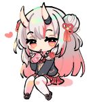  1girl between_legs blush chibi colored_tips commentary_request double_bun full_body gradient_hair hair_bun hand_between_legs hololive horns juice_box knees_together_feet_apart long_hair looking_at_viewer mashiro_miru multicolored_hair nakiri_ayame oni oni_horns pink_hair red_eyes school_uniform sitting solo thighhighs virtual_youtuber white_hair white_thighhighs 