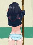  1girl ass ass_focus backboob black_hair blue_stripes breasts clothes_lift dimples_of_venus highres kill_la_kill lifted_by_self matoi_ryuuko meme multicolored_hair panties pointillism ryuko_redraw_(meme) school_uniform shirt shirt_lift short_hair sideboob solo striped striped_panties thighs tomboy two-tone_hair underwear undressing upper_body 