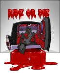  absurd_res anthro bed_sheet bedding blood bodily_fluids breasts cadillac canid canine canis car dakota_(serarel) domestic_dog female genitals hearse hi_res mammal open_door open_mouth paws pose pountach pussy solo spread_legs spreading text vehicle wolf 
