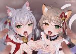  2girls absurdres ahoge animal_ear_fluff animal_ears bell braid braided_bangs cat_girl choker collarbone cum cum_in_mouth cum_on_hair cum_on_hands cum_on_tongue cumdrip erica_illust facial fangs forked_tail fur_trim green_eyes grey_hair group_sex hair_bell hair_ornament heterochromia highres kamizuki_naki light_brown_hair multiple_boys multiple_girls multiple_penises multiple_tails neck_bell nekomata notched_ear orgy penis prism_project second-party_source single_sleeve spiked_choker spikes suzune_nia tail tongue tongue_out two_tails virtual_youtuber wolf_girl yellow_eyes 