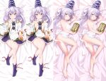  1girl apron ass bangs bar_censor barefoot black_ribbon blue_headwear blue_skirt blue_socks blush breasts censored closed_mouth commentary_request dakimakura_(medium) detached_sleeves feet food frown full_body grey_hair hat japanese_clothes kariginu legs long_hair long_sleeves looking_at_viewer makizushi mononobe_no_futo multiple_views naked_apron neck_ribbon nipples no_shoes pom_pom_(clothes) ponytail pun purple_eyes pussy ribbon ribbon-trimmed_sleeves ribbon_trim skirt small_breasts smile socks soles sui._(ayase) sushi tate_eboshi toes touhou white_apron wide_sleeves 