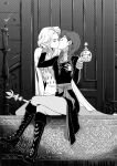  2girls anna_(frozen) breast_grab closed_eyes elsa_(frozen) frozen_(disney) fujimaru_(kinakomucch) grabbing greyscale groping hand_in_another&#039;s_hair highres holding incest kiss monochrome multiple_girls siblings sisters sitting yuri 
