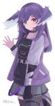  1girl absurdres alternate_hairstyle bandaged_arm bandages black_choker black_shirt black_thighhighs blue_eyes choker collarbone fang grey_skirt head_wings heterochromia highres hood hooded_jacket jacket kiriii long_hair long_sleeves looking_at_viewer nijisanji nijisanji_en purple_eyes purple_jacket selen_tatsuki shirt skin_fang skirt smile solo thighhighs virtual_youtuber waving white_background 