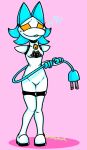  anthro bell bell_collar blush cleavage_cutout clothing collar deltarune digit_ring domestic_cat felid feline felis female hi_res jewelry legwear machine mammal nervous_smile ring robot snaxattacks solo stockings tail_grab tasque_manager undertale_(series) video_games wedding_ring 