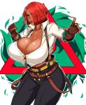  1girl absurdres alecto_0 belt black_pants breasts brown_gloves collarbone dark-skinned_female dark_skin fighting_stance fingerless_gloves fire giovanna_(guilty_gear) gloves green_eyes green_fire guilty_gear guilty_gear_strive hair_over_eyes high-waist_pants highres huge_breasts lips long_sleeves looking_at_viewer pants parted_lips red_hair shirt short_hair solo suspenders thighs triangle white_background white_shirt 